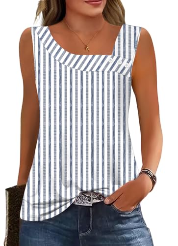 Womens Summer Tank Tops Square Neck Sleeveless Buttons Casual Dressy Tunics Basic Business Work T Shirts Blouses