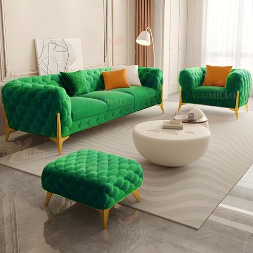 Image of 4 Seater Sofa Set Modern Classic Chesterfield Style Sofa Set with Pillows for Living Room, Bedroom and Office and Hallway Colour(3+1+OTTO Green FC)