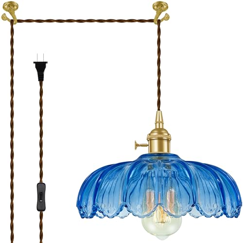 Plug-in Pendant Light Fixture, Hanging Light Fixture, Glass Pendant Light, Swag Lamp with Inline On/Off Switch for Kitchen Island, Bedroom, Dining Room, Living Room (Blue Lotus, Plug-in)