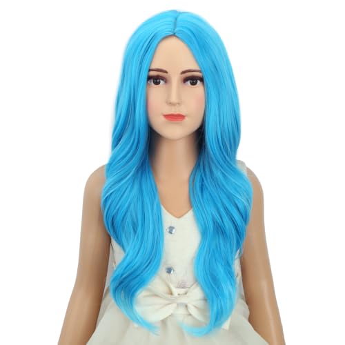 Image of Girls Blue Ombre Wig Kids Long Mixed Light Blue Middle Part Wig Ombre Wavy Curly Wigs for Children Heat Resistant Synthetic Wigs with Cap