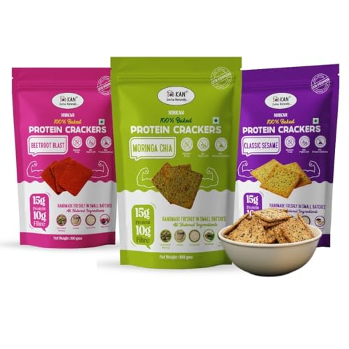 Image of NIHKAN Baked Protein Crackers Moringa, Sesame & Beetroot Combo - Gluten free, Zero Maida, High Protein, Preservative Free (Combo of 3, Moringa, Sesame & Beetroot)