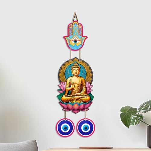 Image of Artvibes Buddha Lotus Wall Hanging with Hamsa Hand & Evil Eye Charms | Decorative Spiritual Hanging for Positive Energy | Wooden Home Decor for Living Room | Office | Religious Art Gift (WH 8597N)