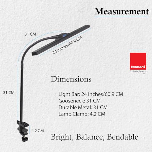Image of Isomars LED Desk lamp for Computer Monitor and Laptop, Eye Friendly Study lamp with Clamp, 3 Color Modes & 10 Step Brightness, 24 Inch, Perfect for Reading, Studing, Working (Black)