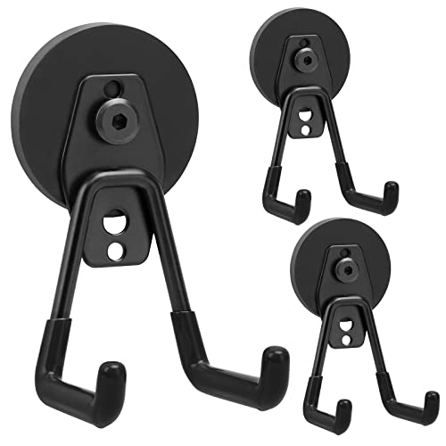 Homde 3 Packs Strong Magnetic Hooks Heavy Duty Garage Hooks Double Hooks Design, Industrial Hooks for Hanging, Utility Magnetic Hanger for Toolbox, Hammer, Garden Tools, Drills, Black