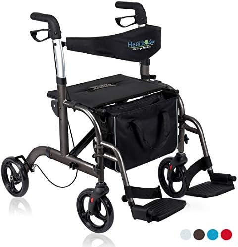 Health Line Massage Products 2 in 1 Rollator-Transport Chair w/Paded Seatrest, Reversible Backrest and Detachable Footrests, Titanium
