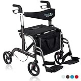 Health Line Massage Products 2 in 1 Rollator-Transport Chair w/Paded Seatrest, Reversible Backrest and Detachable Footrests, Titanium