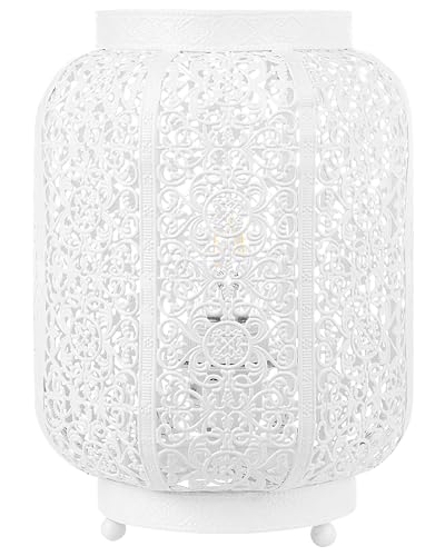 Beliani Lampe à Poser Déco en Métal Blanc Beige Ajouré aux Motifs Baroques E27 Max 40W Lumière Ambiante de Salon ou Chambre Romantique et Glamour