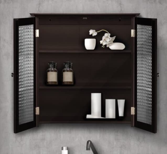 Bathroom Medicine Cabinet Wall Mounted-Hanging Bathroom Cabinet-Removable Wall Cabinet with 2 Waffle Glass Doors, Espresso