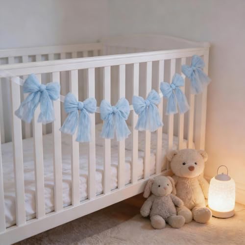 Image of MLMC Baby Blue Bow Garland Banner Handmade Cheesecloth Bow Wreath Party Hanging Decorations for Baby Shower Birthday Wedding Gender Reveal Party Decor