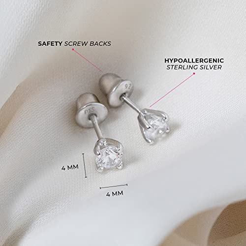 925 Sterling Silver Stylish Clear 4mm Solitaire Cubic Zirconia Screw Back Stud Earrings for Kids - Round Stone with Locking Back for Pierced Ears for Babies, Toddlers, & Little Girls4