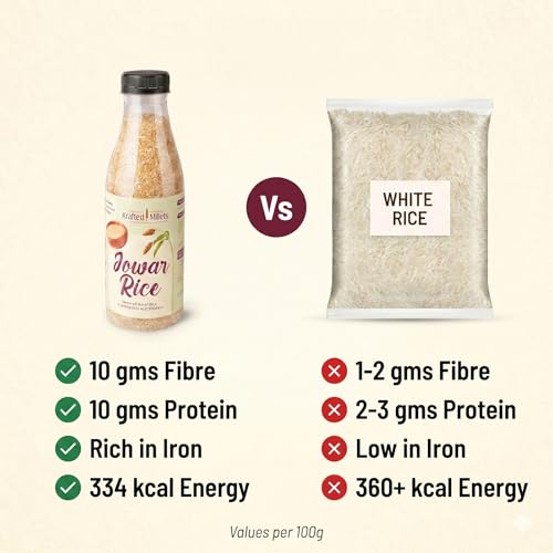 Image of Krafted Millets Steamed Jowar Rice (Sorghum) - 3x Fiber, 2x Protein vs Rice | Gluten-Free, Low GI, Diabetic & PCOS Friendly | Iron-Millet | Cooks Like in 15 Min | Jowari / Jonna / Jola / Cholam (Pack of 1 x 380g)
