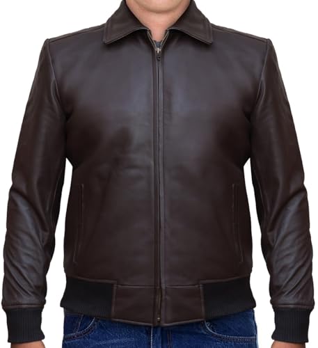 Image of 70s Style Classic Bomber Leather Jacket - Mens Vintage Real Lambskin Jacket