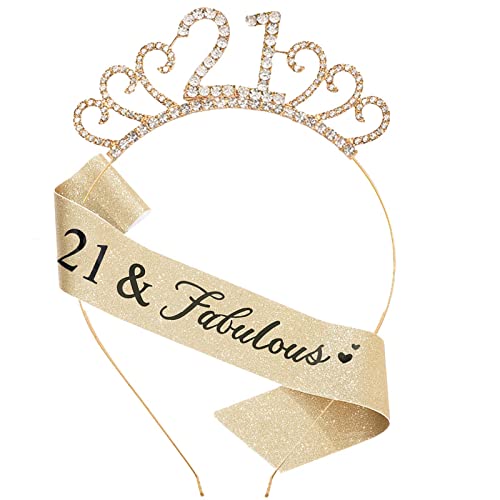 MIOSJI 21st Birthday Sash and Crystal Tiara Crown for Girl 21st Birthday Gift for Her Party Decorations Accessories Gold