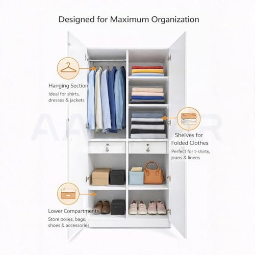 Image of AAVATAR 2-Door Wood Wardrobe with Shelves and Hanging Space for Bedroom, Wood Wardrobe for Clothes, 2 Door Wardrobe Without Mirror (Colour - White, Size 75 X 30 X 19 Inch)