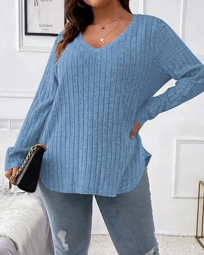 Image of Doweha Women Plus Size Fitted Sweaters Fall Winter 2025 Cute Pullover V Neck Knit Sweater Long Sleeve Basic Tops Shirt Jumper