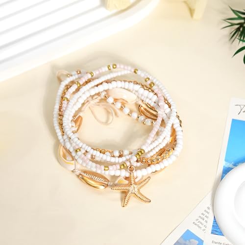Image of 7 Pack Boho Beaded Shell Anklet Bracelets for Women Colorful Stretch Cowrie Seashell Starfish Ankle Bracelet Stack Adjustable Summer Beach Accessories Cute Hawaiian Jewelry