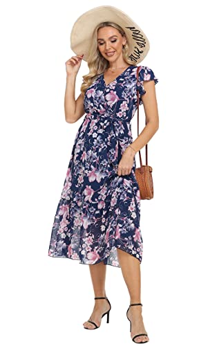 Image of VintageClothing Womens Sundress Casual Floral Summer Boho Dress | Flowy Wrap V Neck Ruffle A-Line Pleated Hem Midi Dresses