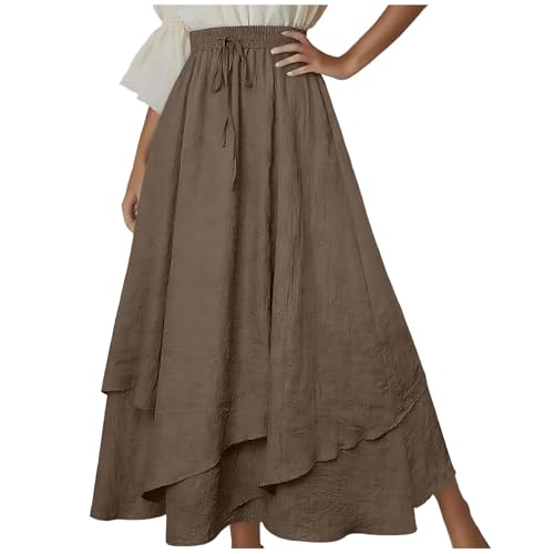 Layered Skirt for Women Ruffle Maxi Skirts Drawstring Elastic High Waisted Flowy Pleated Skirts Holiday Clothing