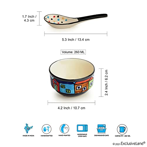 Image of ExclusiveLane 'Soupy Huts' Handpainted Ceramic Soup Bowl with Spoon Set of 2 (260 ML, Dishwasher & Microwave Safe Bowls) | Modern Soup Bowl Ceramic Bowl Set of 2 Soup Bowl Set for Kitchen