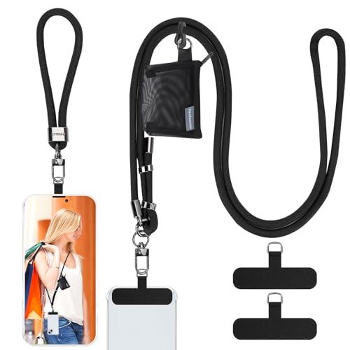 HOTEMIA Phone Lanyard and Wrist Straps, Adjustable Cell Phone Lanyard Crossbody with Detachable Wallet, 8mm Thick iPhone Lanyard for Around the Neck (Black+Wallet)