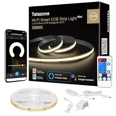 Tatazone Smart White COB Led Strip Light with App and Remote, 16.4ft 3000K Bright Warm White WiFi COB Light Strip Compatible with Alexa Google, Dimmable Indoor Led Lights for Mirror, Cabinet, Kitchen