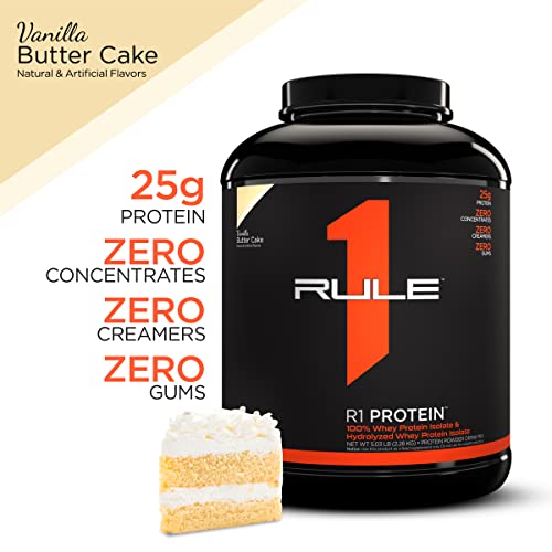 Rule One Proteins, R1 Protein - Vanilla Butter Cake, 25G Fast-Acting, Super-Pure 100% Isolate And Hydrolysate Protein Powder With 6G Bcaas For Muscle Growth And Recovery, 5Lbs #TOP1