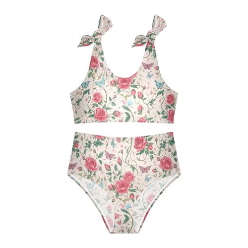 Wusikd Roses Butterflies Girls Swimsuits Two Piece Green Leaves Swimwear Bikini Set for for Girls Size 3T3
