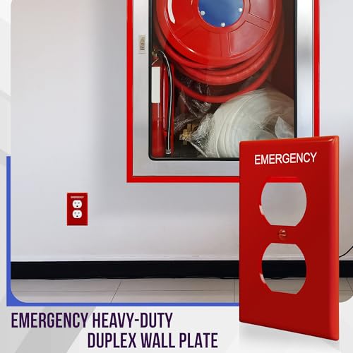 Image of ENERLITES Duplex Receptacle Outlet Wall Plate with Emergency Label, Electrical Outlet Cover, Mid-Size Size 1-Gang 4.88 inch x 3.11 inch, Unbreakable Polycarbonate Thermoplastic, UL Listed, 8821M-ER, Red