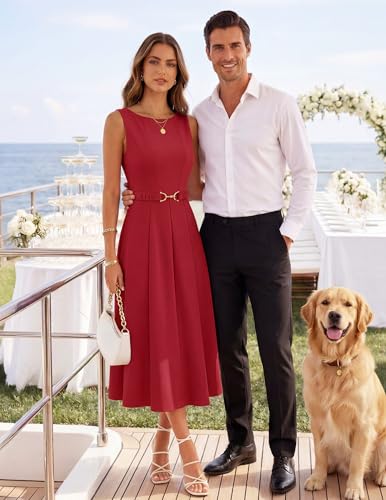 Image of ZESICA Women Summer Sleeveless Midi Dresses 2026 Elegant Boat Neck A Line Tie Waist Spring Cocktail Party Dress