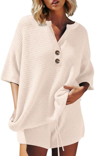 ETCYY NEW Oversized Striped Two Piece Sets for Women 3/4 Sleeve Henley Sweater Top High Waisted Shorts Summer Lounge Sets