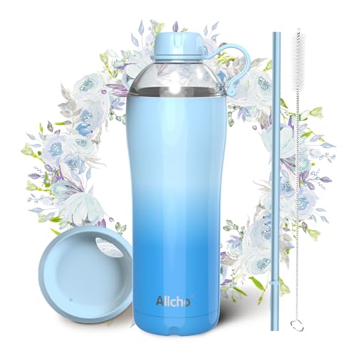 Image of 24 ounce insulated stainless steel water bottle, Comes with tumbler cup lid and chug lid featuring a handle ring, Leak Proof, BPA-Fre, Double Wall Vacuum Insulated for Sports,ocean blue