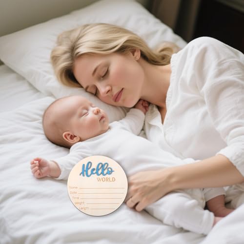 Image of Wooden Baby Announcement Sign, 5.9 Inch Hello World Newborn Sign, Hospital Birth Stat Plaque, Hospitals, Homes, Nurseries, Suitable for Newborn Boys and Girls, Birth Souvenir (Blue)