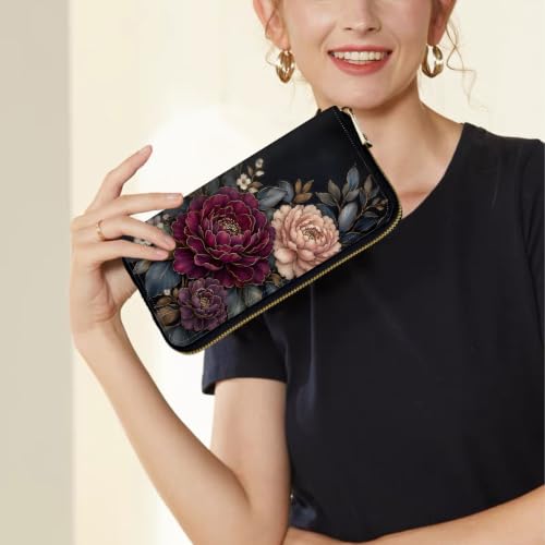 Image of Women's Wallets Credit Card Holder Money Leather Long Wallet | Long wallet with Wristlet,Large Capacity with Zip-Around Phone Purse for Women Ladies Girls,Peony Dark Floral