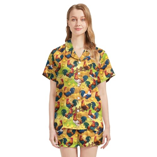 Image of Funny Pajamas for Women Set Print Satin Loungewear Pjs Short Sleeve Button Down Top and Shorts Sets Sleepwear XS-3XL