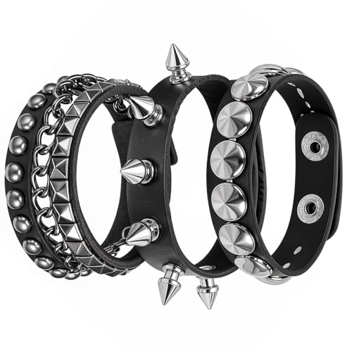 3 Pieces Black Leather Studded Punk Bracelet for Men Women 80s90s Gothic Spike Bracelets Rivet Cuff Leather Wristband Adjustable Punk Rock Bracelet with Metal Studded for Halloween Party Accessories