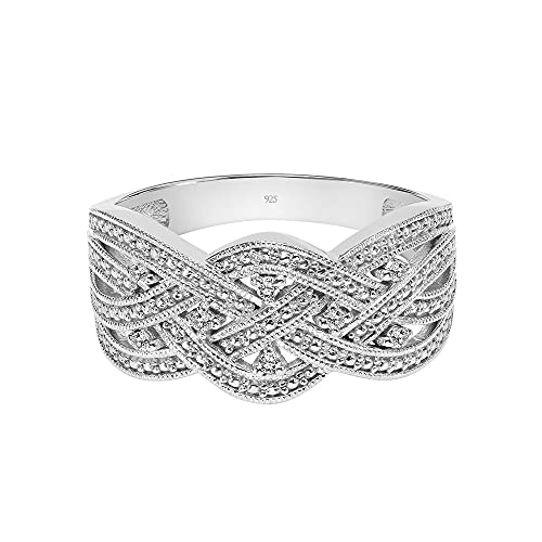 Braided Diamond Wedding Rings for Women; Anniversary or Promise Rings for Her in 925 Sterling Silver or 18K Yellow Gold Vermeil, Vintage Wide Braid Womens Wedding Band, 0.04 Cttw (I-J Color, I2-I32