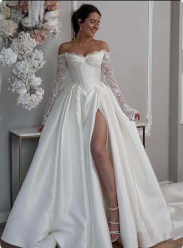 Satin Long Sleeve Prom Dresses for Women A Line Lace Off The Shoulder Formal Ball Gown with Slit2