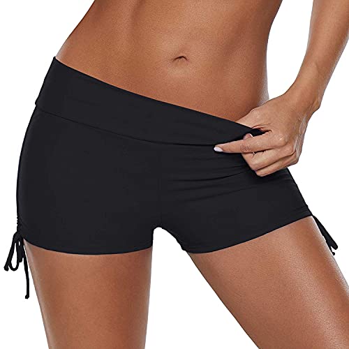 Century Star Women Boyshorts Swimming Bottom Swimsuit Tankini Bottom Stretch High Waist Swim Shorts 01 Black(Tie Side) 4-6