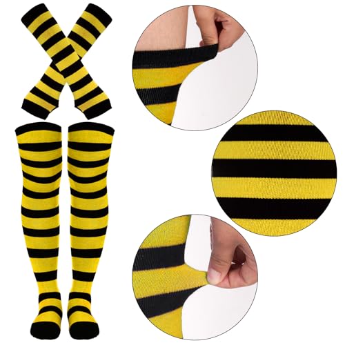 Image of Tongcloud Women's Striped Knee High Socks, Over Knee Thigh High Socks, Arm Warmer and Fingerless Gloves Set