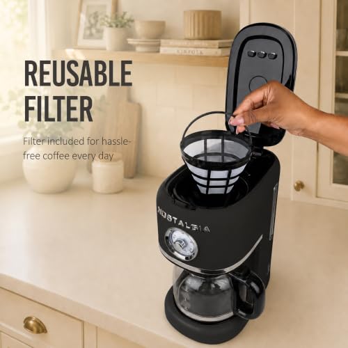 Image of Nostalgia Classic Retro 10 Cup Coffee Maker - One-Touch Drip Brew, Reusable Filter - Anti-Drip, Auto Shutoff, & Time Display - Dishwasher Safe 50 oz Carafe - Black