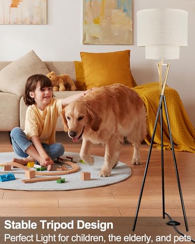 Image of Lightdot Black Tripod Floor Lamp, Modern Floor Lamps for Living Room, Standing Lamp with Dual Drum, E26 Bulb Included, 67.7 inch Tall Floor Lamp for Bedroom, Home Office