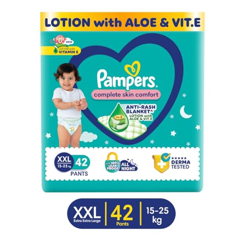 Pampers Complete Skin Comfort Pants, Anti-rash blanket, Lotion with Vitamin E & Aloe Vera,Double Extra Large size baby diapers (XXL) 42 Count,15-25kg