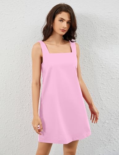 Image of Summer Linen Mini Dress for Women Sleeveless Square Neck Tank Shift Dresses Causal Backless Solid Short Sundress