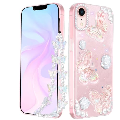 Goocrux (3in1 Case for Apple iPhone XR Butterfly Glitter Handmade Sequin Sparkle Pretty for Women Girls Clear Design Crystal Pearl Sparkly Cute Girly Phone Cases+Chain - image 1