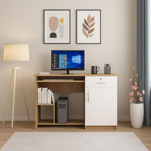 Image of Classy Study & Home Office Computer Desk | Engineered Wood | Straight Design | Lyon Teak & White Finish | Sturdy & Space-Saving | Easy Knock-Down Assembly