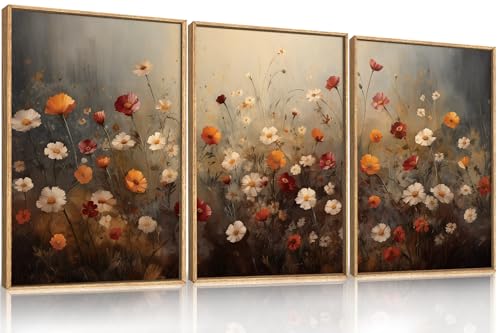 Image of KAIRNE Moody Colorful Wildflower Framed Canvas Wall Art Set,Vintage Daisy Floral Wall Decor,Watercolor Flowers Art Prints,Rustic Botanical Artwork for Living Room,Bedroom,Farmhouse,Office-16 x24 x3
