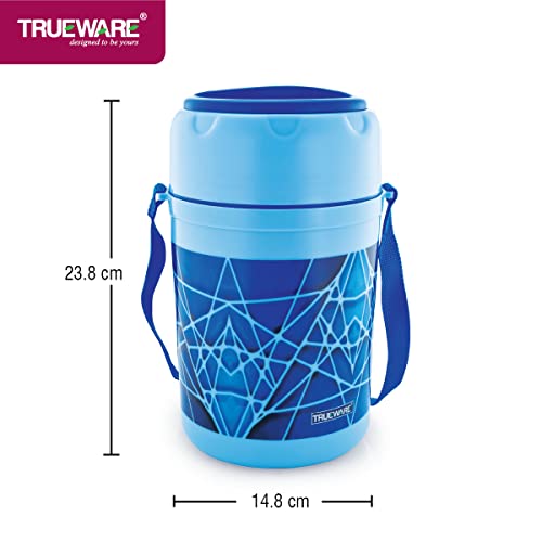 Image of Trueware Trendy 4 Inner Steel Outer Plastic thermoware Lunch Box | 4 Container 300 ML Each-Blue | PU Insulated | Lunch Box | Tiffin | Hot lunch box | Leak Proof | Easy to Carry | Hot & Cold Food Grade| BPA Free | Stainless Steel Dabbi | Office | Outdoors | For Men, Women, and Kids