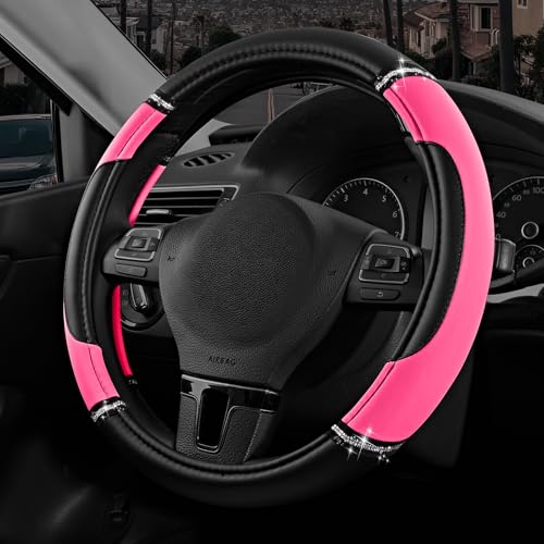 Road Comforts Leather Steering Wheel Cover - Made with PVC Leather - Anti-Slip Universal Fit 14 1/2 inches to 15 inches - Hot Pink