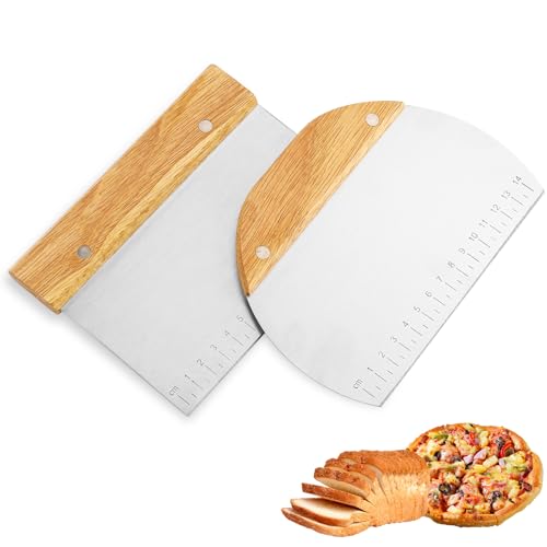 Zosenyer Espatula Cocina, 2 PCS Rasqueta Cocina con Mango de Madera, Cortapizzas con Escala de Medición Muy Adecuado para Cortar Pizza, Pan, Pastel, Verduras