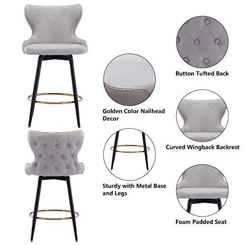 Setawix Swivel Counter Height Bar Stools Set Of 2 Pu Upholstered Counter Stools 25" Curved Wingback Kitchen Island Stool Dining Chairs With Nailhead Trim (Light Grey) #TOP2